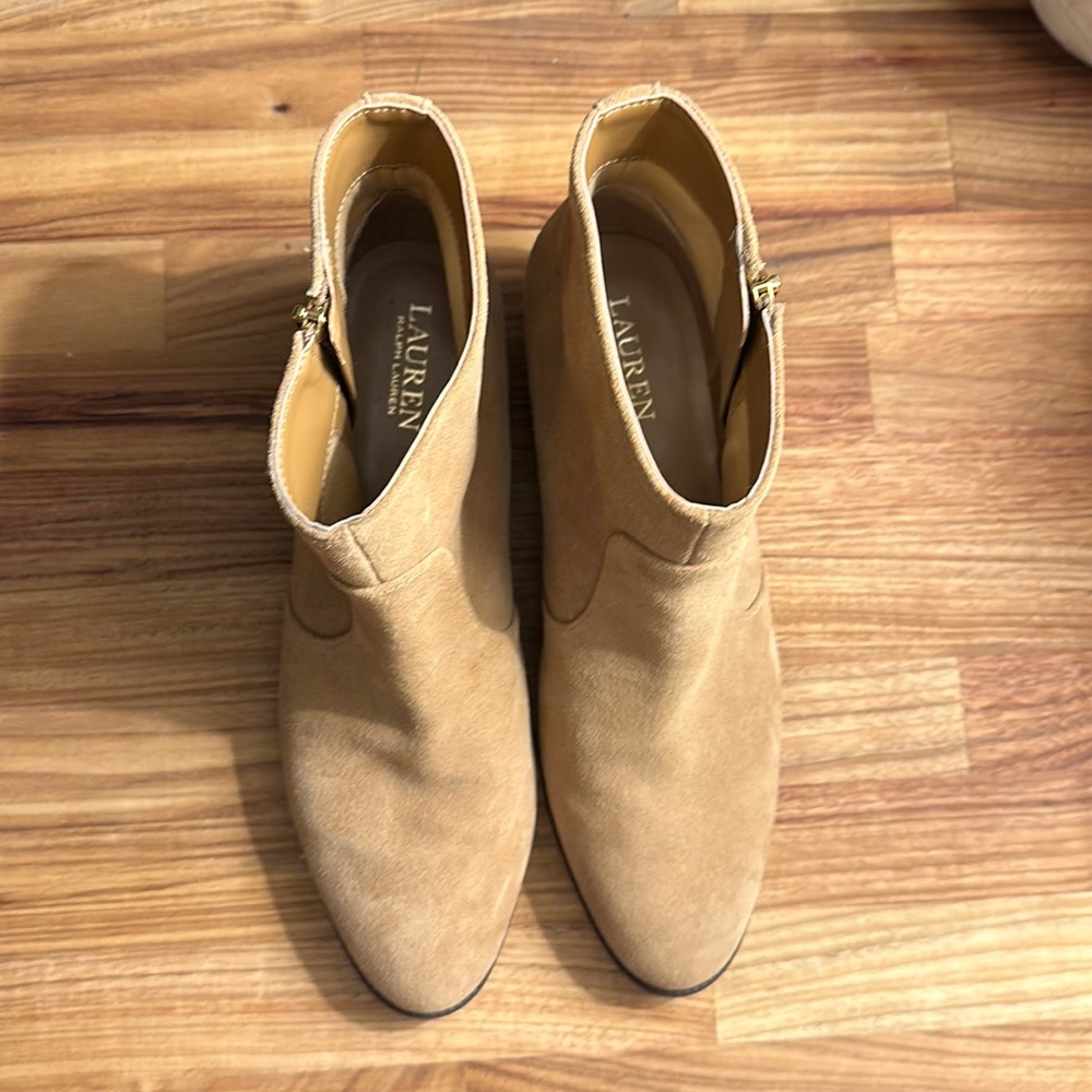 Lauren for Ralph Lauren camel colored suede booties. Prudence.
